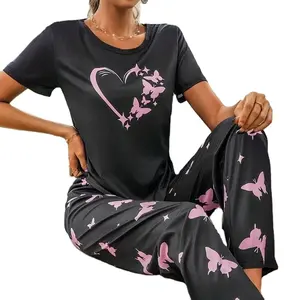 Vêtements de nuit d'été 2 pièces pyjama short avec pantalon ensemble papillons pjama Pajama Loungewear 2 Piece Set - Product Image 1