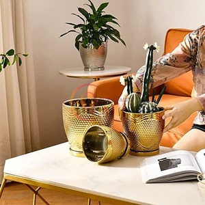 La surface texturée en gros ajoute la collection de jardinières dorées que ces pots brillants apportent et texture à tout ensemble de fleurs - Product Image 3