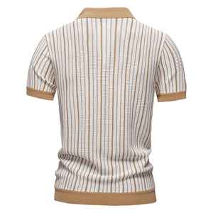 Malla a rayas para hombre para camisa Polo Jersey transpirable Top de punto con cuello vuelto y patrón sólido - Product Image 2