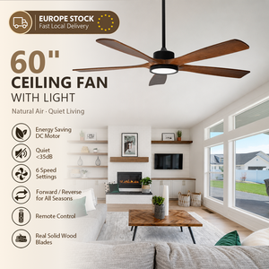 Ventilateur de plafond en bois massif de 60 pouces avec lumière, 5 pales, moteur DC, télécommande et contrôle par application pour salon - Stock Europe - Product Image 1