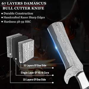 Damascus Handmade Fixed Blade Hunting Knife Stainless Steel Bull Cutter Design with Brown <b>Leather</b> Belt Sheath Camping Survival - Product Image 4