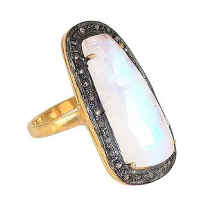 Anillo Geométrico con Baño de Oro, Anillo de Cóctel con Piedra Lunar y Detalles de Diamantes, Certificado IGI, Joyería Fina - Product Image 3