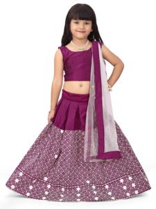 Shoryam Fashion Girls Wine Purple Floor-Length Lehenga Choli Set <b>Net</b> <b>Dupatta</b> Embroidery 2-5 Years Traditional Indian Party - Product Image 2