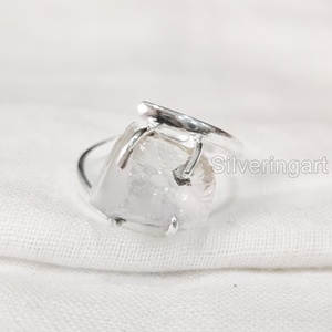 Joyería de piedra en bruto, anillo para mujer, piedra preciosa Natural cruda de cuarzo rosa, piedra natal de abril, banda de Punta cruzada, anillo de Plata de Ley 925 - Product Image 1