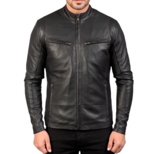 Men's Black <b>Genuine</b> Leather Moto Jacket With Button Closure And Chest Pockets Stand Collar Slim Fit Autumn Wear - Product Image 5