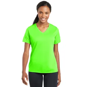 女式女式赛车网吸湿排汗v领t恤-霓虹绿色配DTG DTF印花t恤