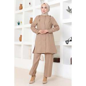 MSW19224-4 Conjunto de Dos Piezas Color Taupe con Detalle de Volantes, Estilo Casual Diario, Top y Pantalones Midi, Estampado Sólido, Tejido de Algodón, ODM, Uso Diario - Product Image 3