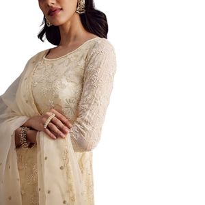 Kreamy White Embroidered Sharara Set with <b>Organza</b> Dupatta Elegant Wedding Ceremony and Festival Wear Kurta Sharara Outfit - Product Image 4