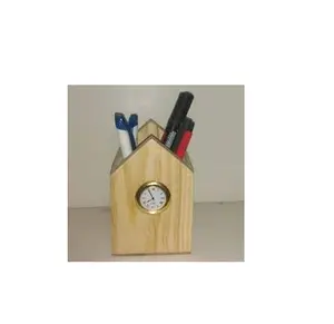 Suporte de caneta de madeira, suporte de lápis de madeira personalizado com logotipo para negócios de luxo de escritório, suporte de lápis com relógio