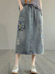 Falda Midi Vaquera de Cintura Alta para Mujer, Corte en A, Bordado Floral, Algodón Lavado, Estilo Casual de Primavera - Product Image 5