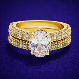 Oval cut center stone and pave diamond <b>bands</b> 14K Yellow gold Over bridal set sterling silver Moissanite Diamond engagement <b>ring</b> - Product Image 1