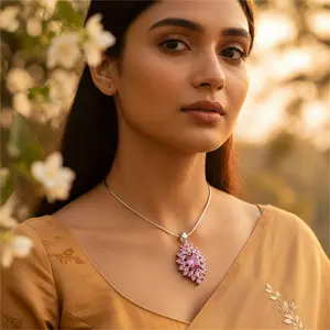 Pendentif tendance en argent sterling pour femme, diamant rose, perle, pierre précieuse taille coussin, plaqué rhodium, chaînes de fiançailles, bijoux cadeau - Product Image 1