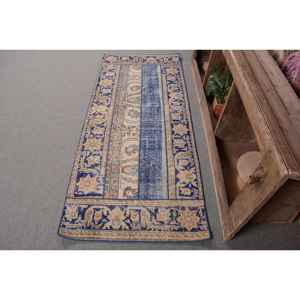 <b>Blue</b> Beige Vintage Turkish Wool <b>Rug</b> 26 X 62ft Handmade Boho Patchwork Design for <b>Bedroom</b> Rectangular Hallway Latex for Bedside - Product Image 1