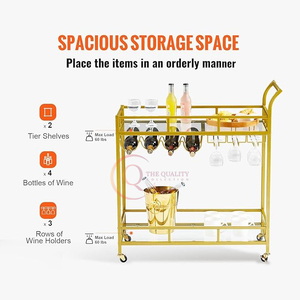 เก๋ไก๋หรูหรารถเข็นบาร์โลหะสีทองพร้อมชั้นวางแก้วและไวน์ที่สำคัญโดยพื้นฐานแล้วจะมีปาร์ตี้บนล้อ - Product Image 3