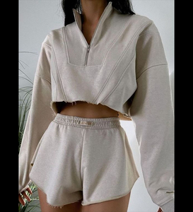 Conjunto de chándal de algodón de manga larga para mujer, sudaderas de gran tamaño con cremallera y cuarto, conjunto de chándales cortos de dos piezas - Product Image 2