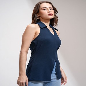 New Arrival Women's Sleeveless Solid Pattern Print Top Sexy Lace and Button Decoration for Work Hot Sale in India - Product Image 3