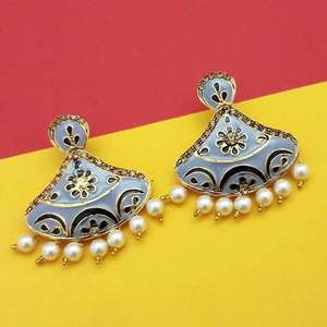 Kriaa Austrian Stone <b>Grey</b> Meenakari Dangler <b>Earrings</b> 1314243F Elegant <b>Pearl</b> Jewelry - Product Image 1