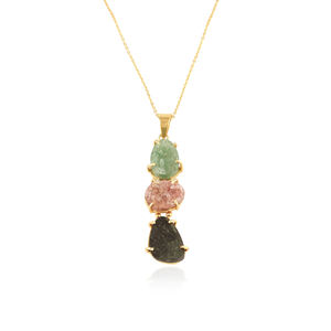 Collier pendentif en quartz vert fraise naturel brut, quartz cerise, tourmaline, plaqué or 18 carats, collier statement de luxe - Product Image 1