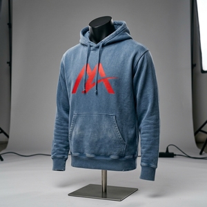 Sudadera con capucha de felpa azul lavado para hombre, con logo personalizado, estilo urbano, bolsillo canguro, venta al por mayor, OEM, ODM, ropa superior - Product Image 1