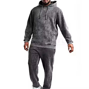 Conjunto Deportivo con Capucha para Hombre, Color Gris Lavado, Manga Larga, Corte Holgado, Informal, para Otoño, Pantalones Deportivos Transpirables de Algodón - Product Image 1