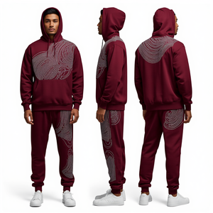 Ensemble de survêtement de luxe bordeaux haut de gamme, le plus vendu, en molleton de coton respirant, avec strass, comprenant un sweat à capuche et un pantalon de jogging - Product Image 3