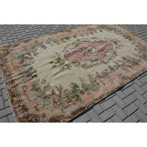Vintage Rug 6x9.7 ft, <b>Brown</b> Pink Floral <b>Wool</b> Turkish Rug - Product Image 2