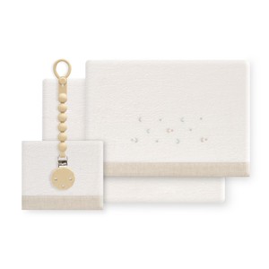 Juego de 3 Piezas de Ropa de Cama para Cuna en Tela Coral con Técnica de Tejido, Porta Chupetes, Modelo Estrella-Luna - Product Image 1