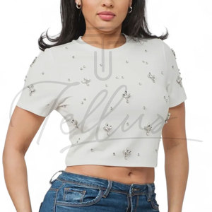 Vente en gros de crop tops pour femmes, écologiques, avec logo personnalisé, en coton, sexy, formels, chemises courtes d'été, séchage rapide, respirantes - Product Image 3