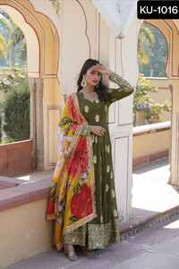 Indian Premium Designer Anarkali Style Faux Georgette Gown Readymade Collections Tabby Silk Embroidered Cutwork Dupatta - Product Image 5