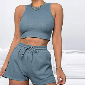 Femmes Léger Solide Motif Moulante Débardeur Crop Top Shorts Ensembles Casual Extensible Design-Skinny Fit - Product Image 1