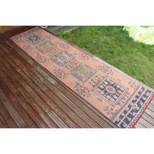 2.2x10.7 ft Vintage Rug, Turkish <b>Runner</b> Rug, <b>Red</b> Blue Moroccan Wool Rug - Product Image 2