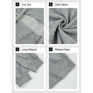 Women Gray Cropped Hoodie With Cutout Detail Long Sleeve <b>Drop</b> Shoulder Sweatshirt Solid Color Knitted Breathable Autumn Wear - Product Image 5