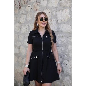 Robe courte en modal à manches courtes et col pour femme avec fermeture éclair sur le devant et poches, 37302 - Noir - Product Image 1