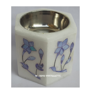 Quemador de Incienso de Mármol Blanco con Diseño Floral Hecho a Mano, Incrustaciones de Nácar Azul, Forma Hexagonal, Ideal para Regalos Empresariales - Product Image 1