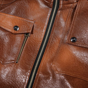 Blouson aviateur en cuir marron pour homme, coupe slim classique, style motard, avec fermeture éclair sur le devant, poignets côtelés et poches - Product Image 4