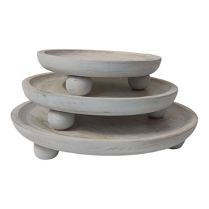 Wholesale White-washed <b>set</b> of 3 round Mango <b>Wood</b> Serving Risers Boards Trays Luxury Hand-carved Footed Design Home Kitchen Use - Product Image 1