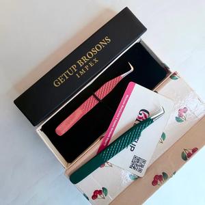 Custom Logo Pink Emerald Green Volume Eyelash Extension Tweezers Set Stainless Steel Diamond <b>Grid</b> Handle Anti-Magnetic - Product Image 4