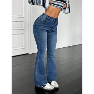 Elegantes jeans acampanados de cintura alta para mujer, color azul piedra, de mezclilla elástica, estilo casual urbano, tallas 26 a 40 - Product Image 3
