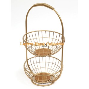 Seau et panier de fruits de stockage de look fantaisie de concepteur enduit de poudre de couleur or Fourniture de placement de table de forme ronde à deux niveaux - Product Image 1