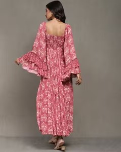 Handmade Indian Cotton Long Dress Floral <b>Printed</b> Bride Wedding Gift Sweet Style Honeymoon Summer Wear Natural Waistline Fabric - Product Image 2