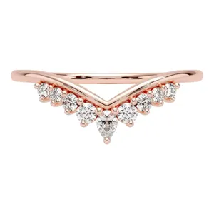 18K Solid Gold <b>Rhodium</b> Plated Chevron Diamond Engagement Wedding Band Pear and Round Cut Contour V-Shape Stacking <b>Ring</b> for Women - Product Image 1