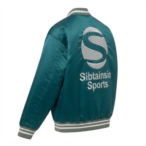 Chaqueta Bomber de Satén Color Verde Azulado con Cuello, Puños y Dobladillo de Punto Acanalado con Rayas Bordadas y Botones a Presión, Chaqueta de Béisbol Premium OEM - Product Image 2