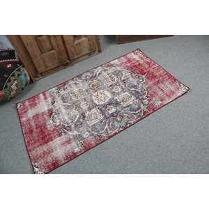 Vintage 2.6x4.9 ft Rug, Small Turkish Rug, <b>Red</b> Blue Ikat <b>Wool</b> Rug - Product Image 2
