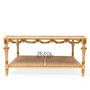 Mesa de Centro Cuadrada de Lujo con Arte Floral Pintado a Mano, Estante Inferior de Ratán y Guirnaldas de Latón Dorado para Interiores Clásicos - Product Image 2