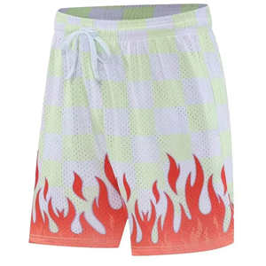 Custom Mesh Sports <b>Shorts</b> with Red Flame Print <b>White</b> Yellow Checkered Breathable Basketball <b>Shorts</b> for <b>Men</b> - Product Image 1