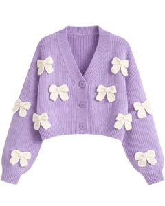 Customized <b>Women</b> Lavender <b>Purple</b> Cropped Knit <b>Cardigan</b> Sweater With White Bow Applique V Neck Button Front Cute Winter Fashion - Product Image 1