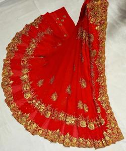 เสื้อส่าหรีมีสีเบจชุดปาร์ตี้งานแต่งงานดีไซน์เนอร์ผ้าไหมขอบลูกไม้สีเขียวอินเดียสำหรับผู้หญิงผู้ใหญ่500ชาติพันธุ์ - Product Image 3