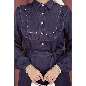 Robe en denim Tencel bleu marine avec col à volants, style chemise décontractée semi-boutonnée, manches courtes, plissée, pour l'été - Product Image 5