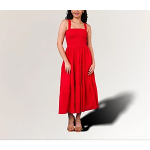 Robe midi en coton rouge pour femme, respirante, élégante, col carré, style modeste, tailles XS-XL, longueur genou, pour la journée - Product Image 5