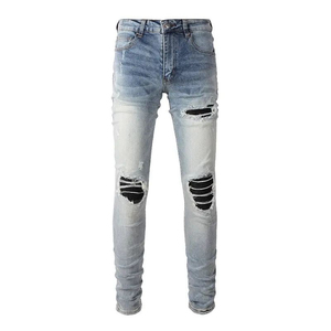 Venta al por mayor logotipo personalizado hombres pantalones de mezclilla estiramiento de cintura alta de color sólido Skinny Jeans Denim lágrimas hombres lápiz Pantalones - Product Image 1